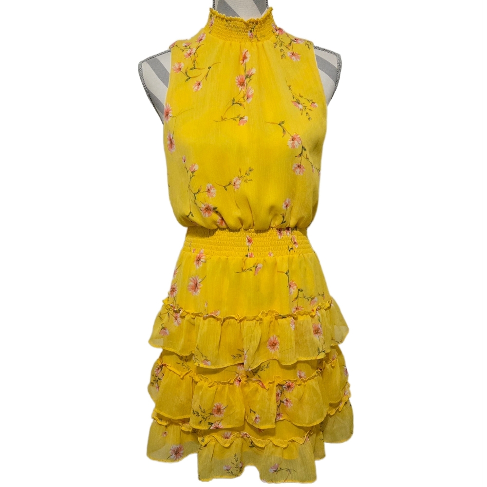 MSK Floral Mini Dress Tiered Ruffle Yellow Pink Size Petite Large
